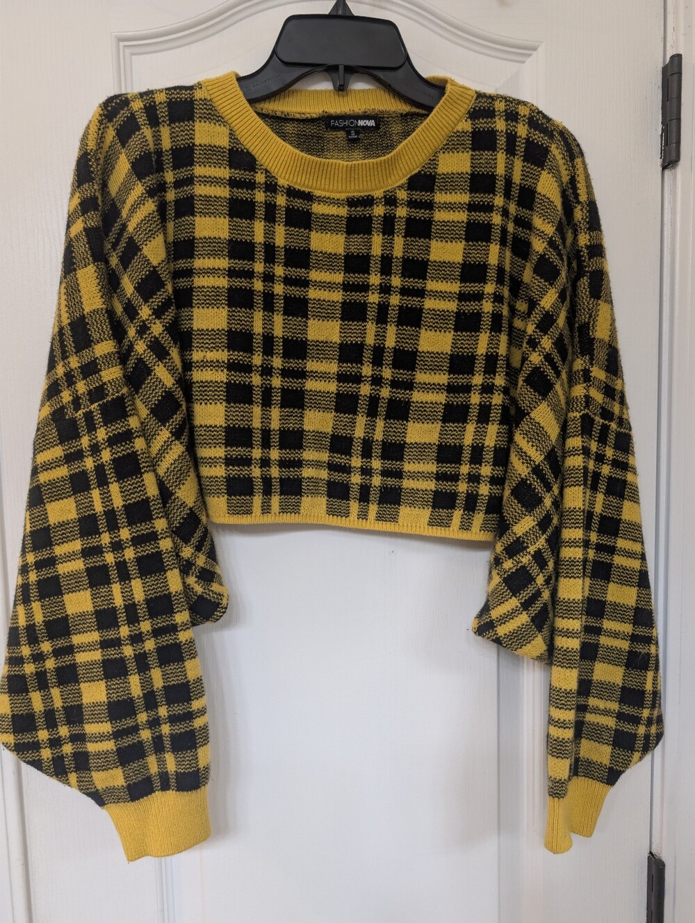 Fashion Nova Mustard Yellow & Black Plaid Knit Cropped Crew and Skirt Set - Picture 4 of 15